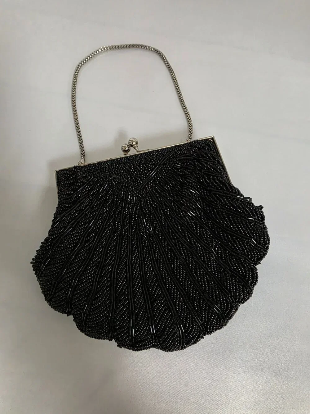 Vintage Walborg Hong Kong Black Beaded Fan Clasp Evening Bag Flapper Art Deco